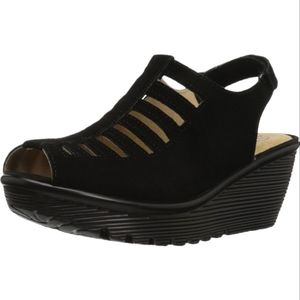 Skechers Women's Black Leather Parallel-Trapezoid Wedge Sandal Size 9.